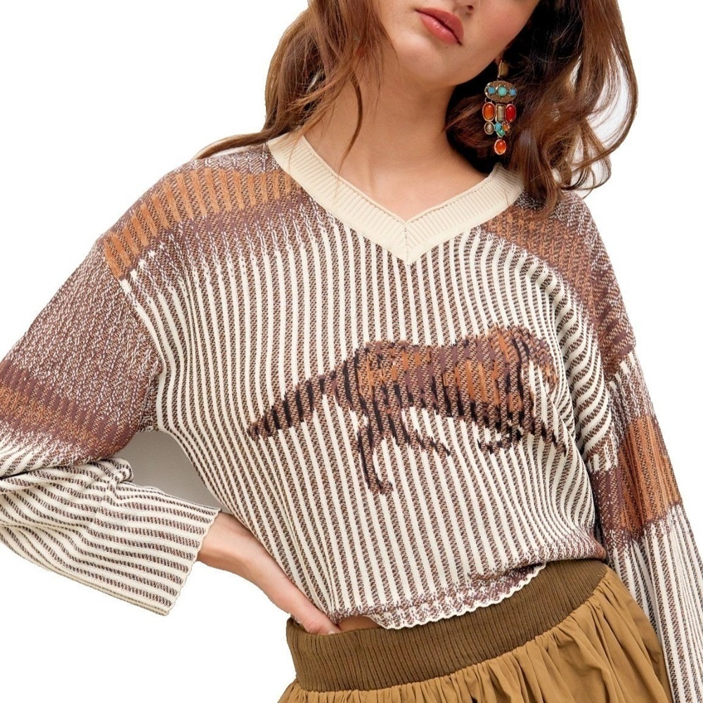 Cider Womens M Brown Horse Print Cropped V-Neck Knit Sweater Preppy Equestrian - Picture 7 of 10